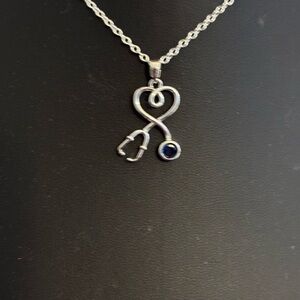 Silver Heart Stethoscope Necklace with Blue Accent - Women Jewelry